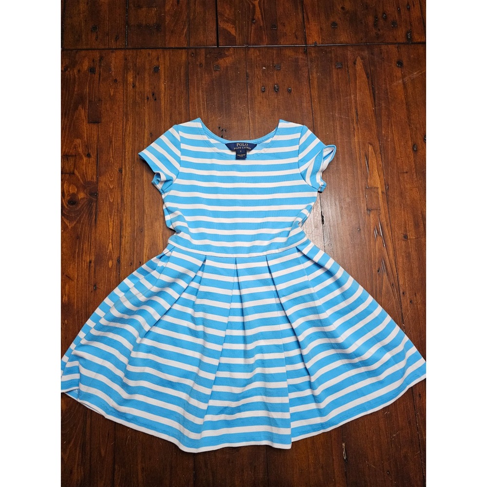 Polo Ralph Lauren Girls Blue White Striped Pleated Fit & Flare Dress Size 6